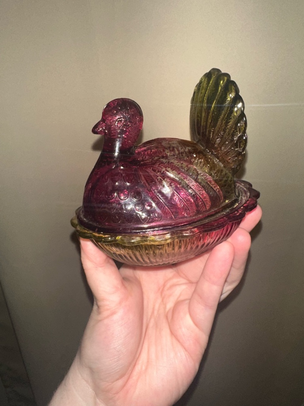 Vintage Amberina Turkey On Nest Glass Turkey Lidded Dish